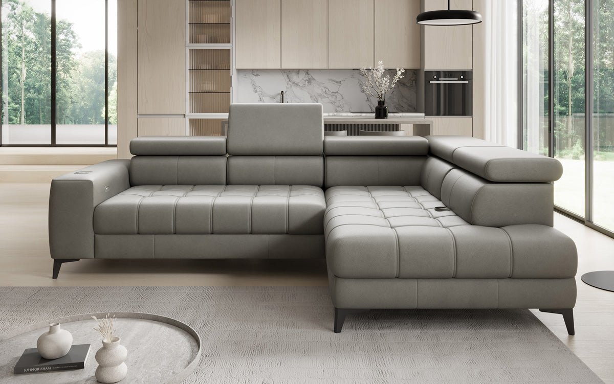 Designer L Sofa Seluna med elektrisk sovefunktion, induktion og opbevaring i ægte læder