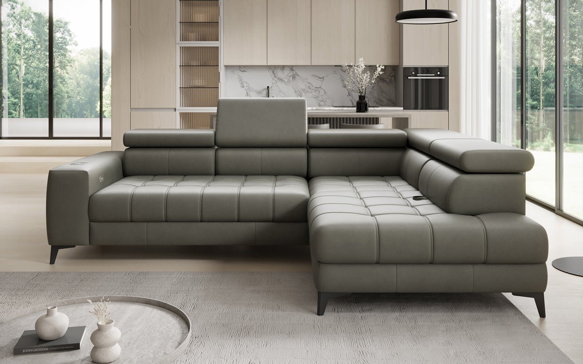Designer L Sofa Seluna med elektrisk sovefunktion, induktion og opbevaring i ægte læder