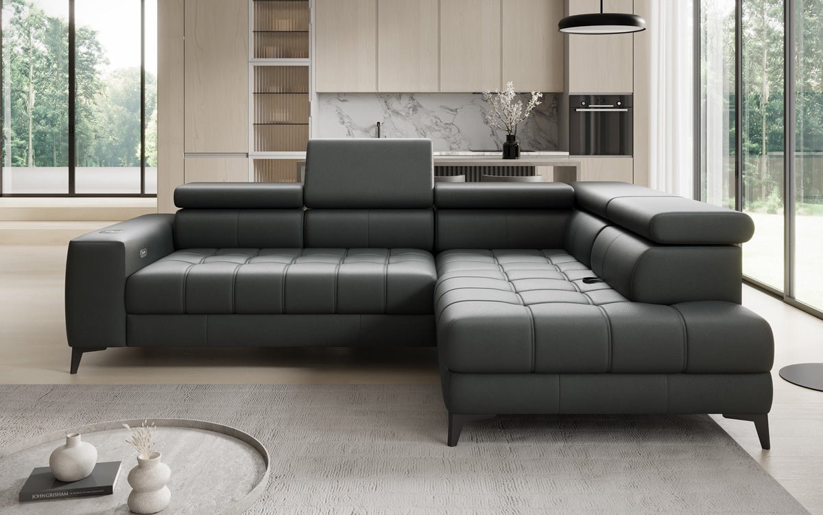 Designer L Sofa Seluna med elektrisk sovefunktion, induktion og opbevaring i ægte læder