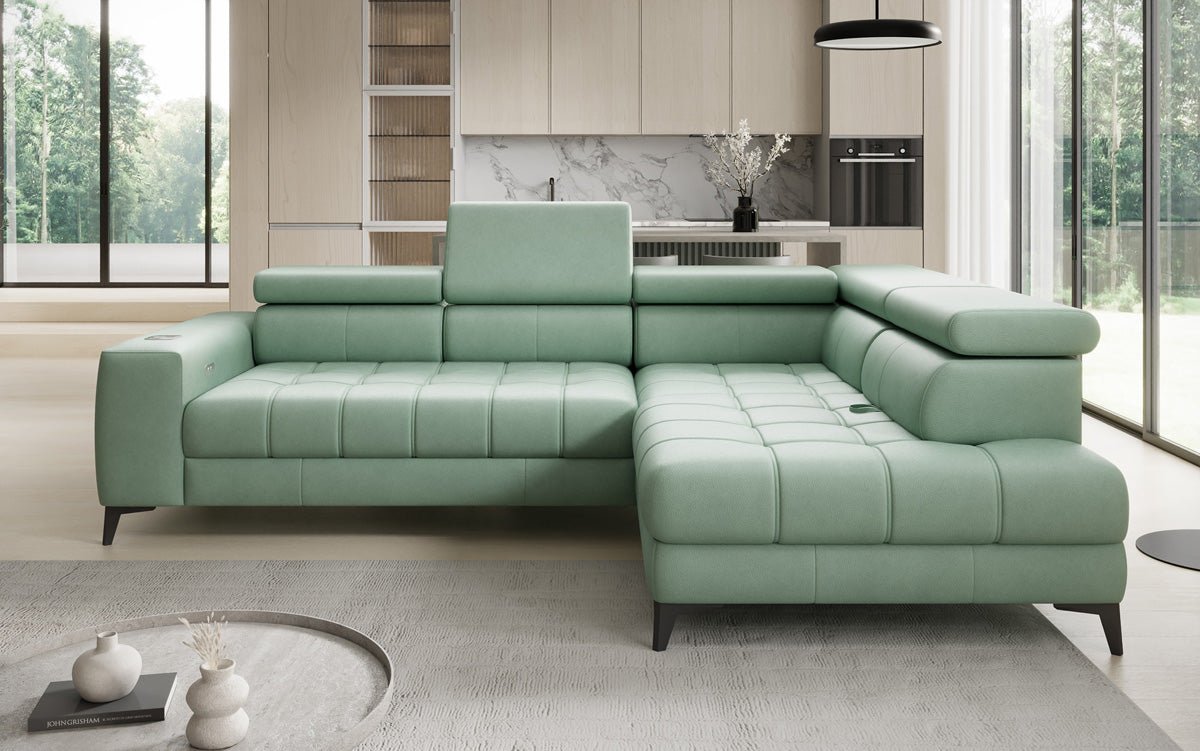 Designer L Sofa Seluna med elektrisk sovefunktion, induktion og opbevaring i ægte læder