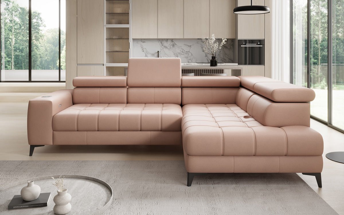 Designer L Sofa Seluna med elektrisk sovefunktion, induktion og opbevaring i ægte læder