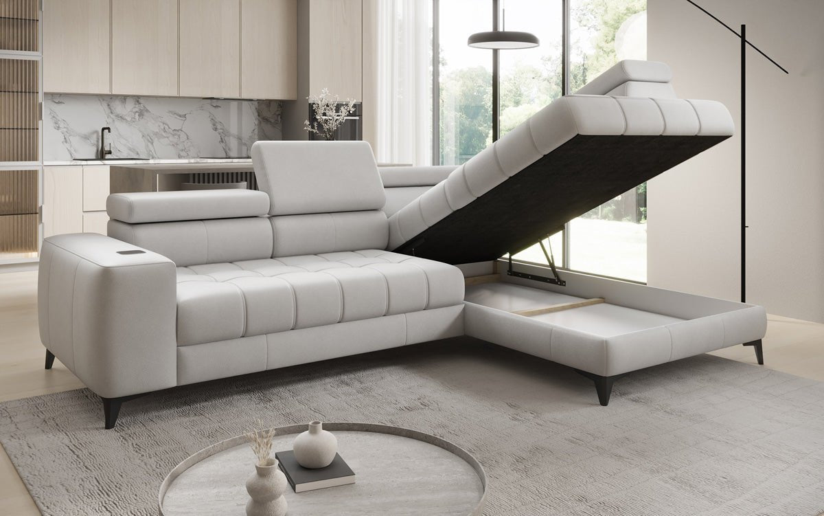 Designer L Sofa Seluna med elektrisk sovefunktion, induktion og opbevaring i ægte læder
