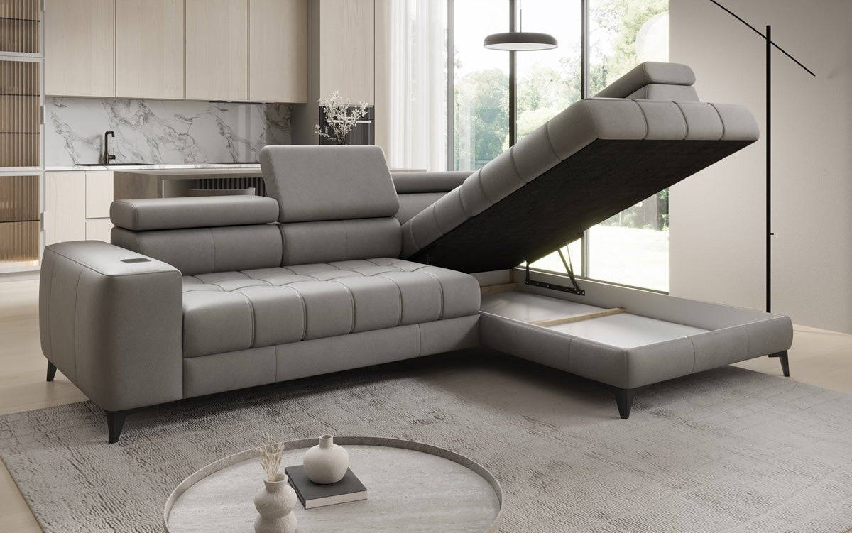 Designer L Sofa Seluna med elektrisk sovefunktion, induktion og opbevaring i ægte læder