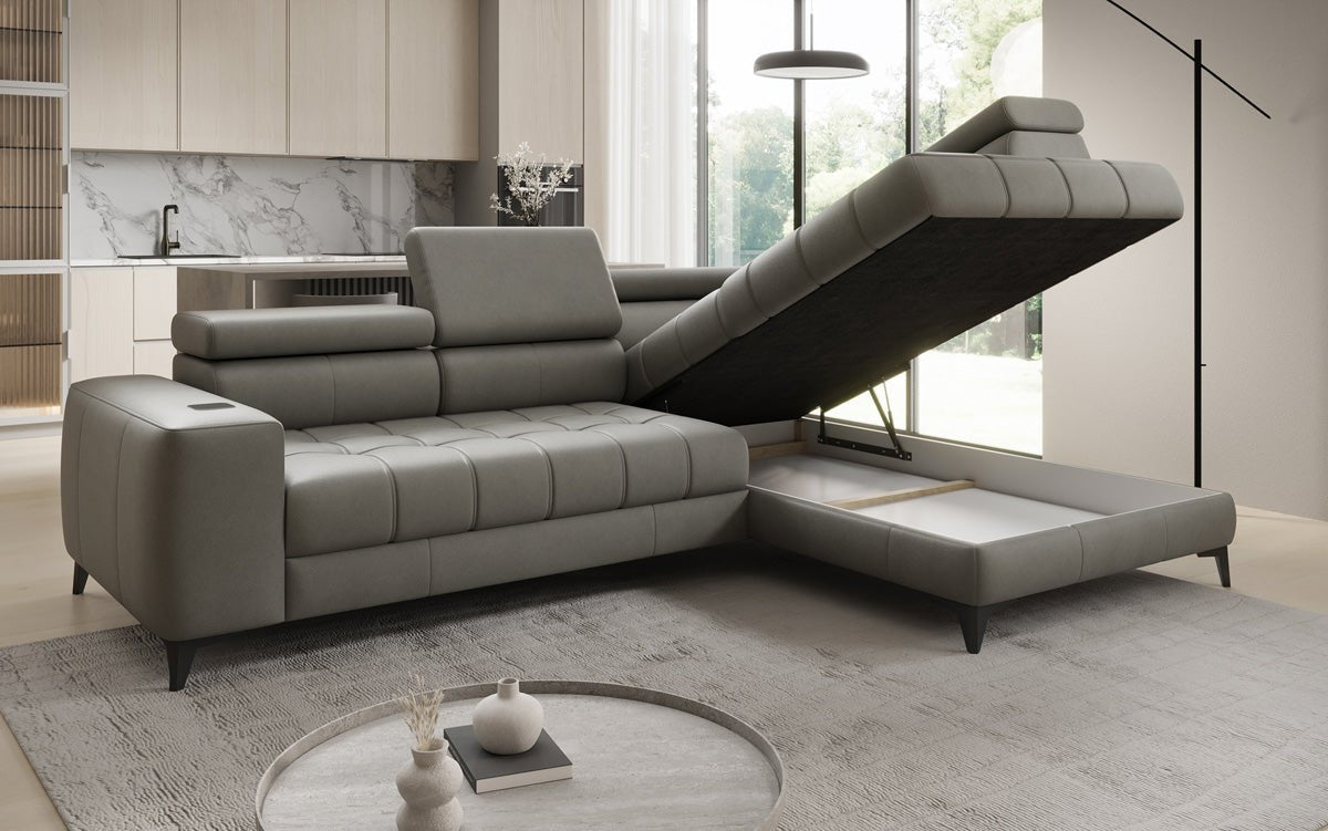 Designer L Sofa Seluna med elektrisk sovefunktion, induktion og opbevaring i ægte læder