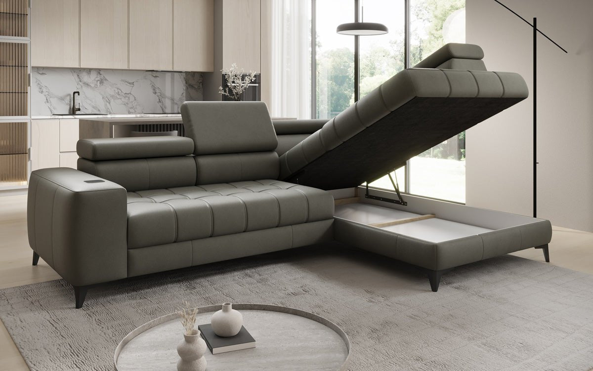 Designer L Sofa Seluna med elektrisk sovefunktion, induktion og opbevaring i ægte læder