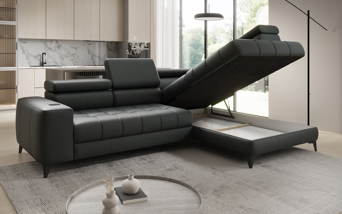 Designer L Sofa Seluna med elektrisk sovefunktion, induktion og opbevaring i ægte læder