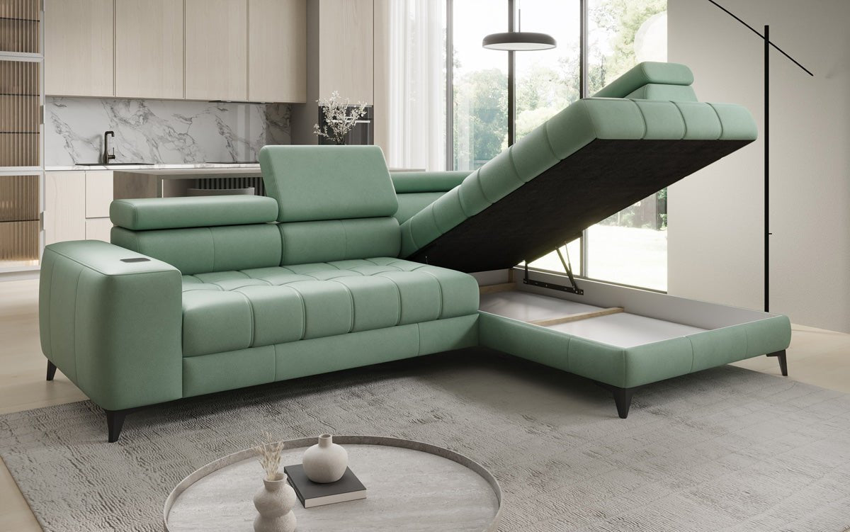 Designer L Sofa Seluna med elektrisk sovefunktion, induktion og opbevaring i ægte læder