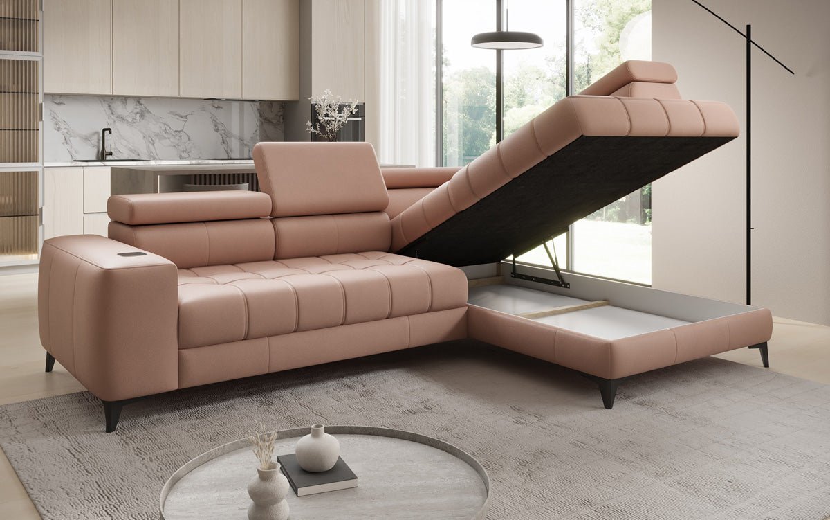 Designer L Sofa Seluna med elektrisk sovefunktion, induktion og opbevaring i ægte læder