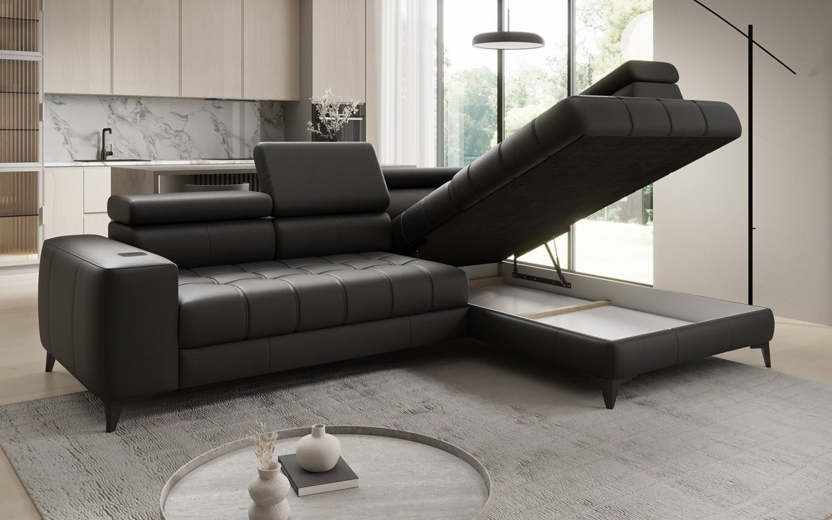 Designer L Sofa Seluna med elektrisk sovefunktion, induktion og opbevaring i ægte læder