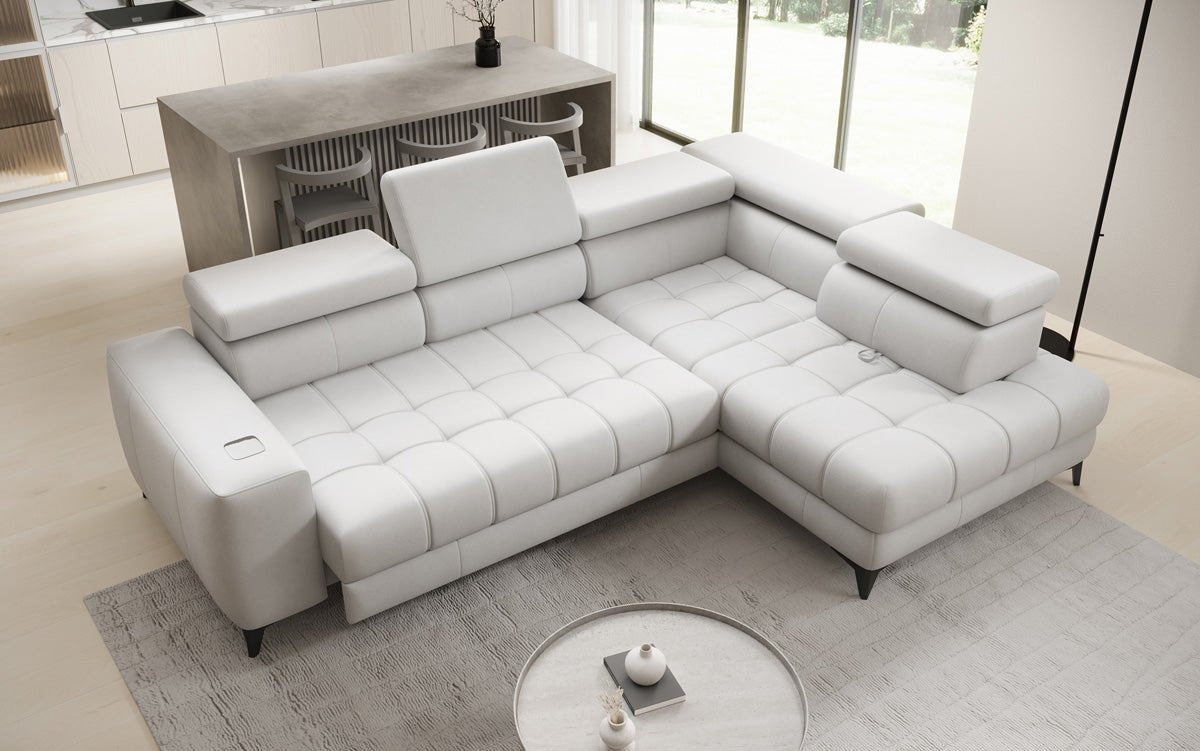 Designer L Sofa Seluna med elektrisk sovefunktion, induktion og opbevaring i ægte læder