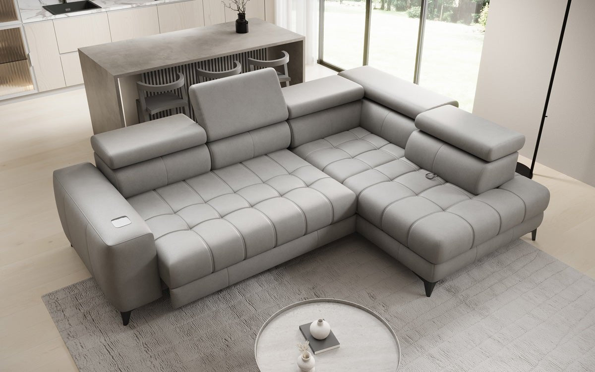 Designer L Sofa Seluna med elektrisk sovefunktion, induktion og opbevaring i ægte læder