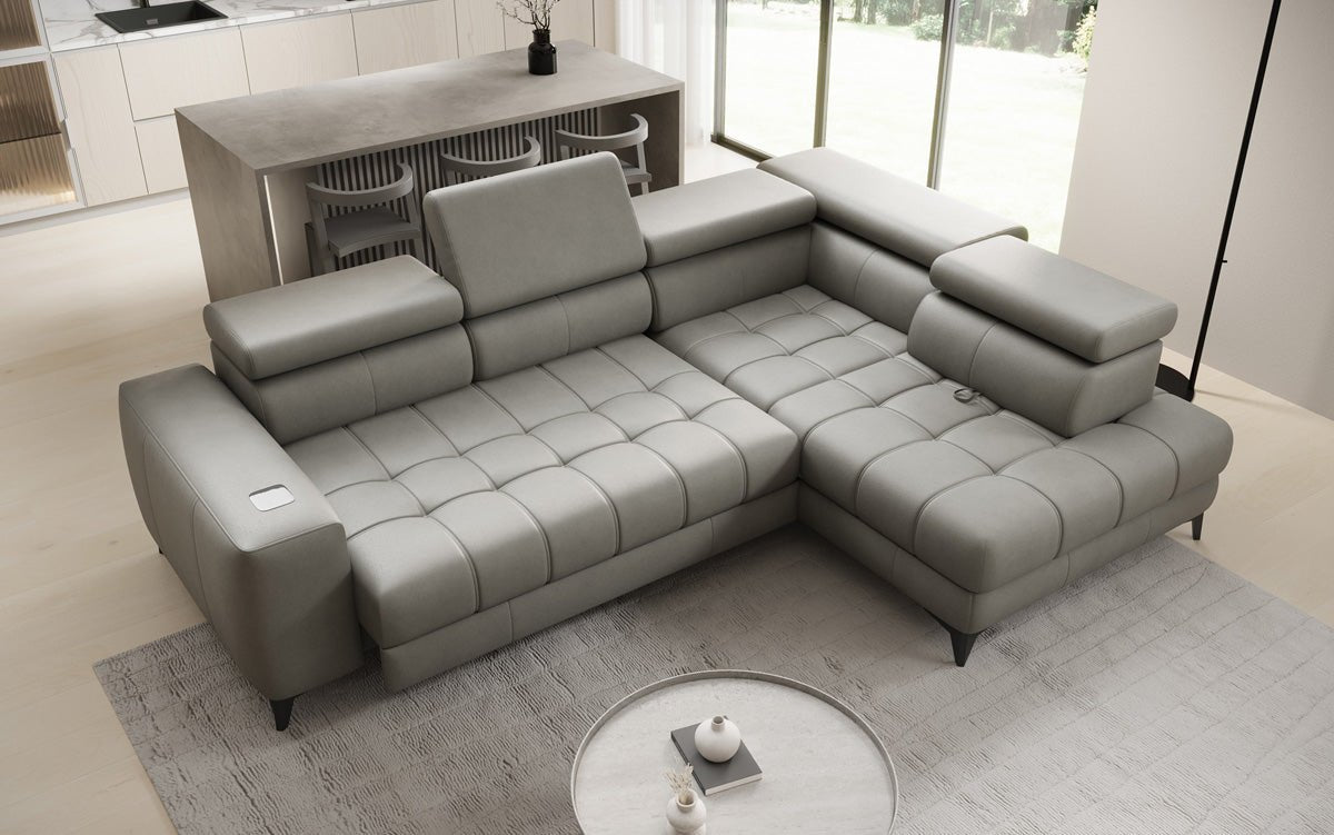 Designer L Sofa Seluna med elektrisk sovefunktion, induktion og opbevaring i ægte læder