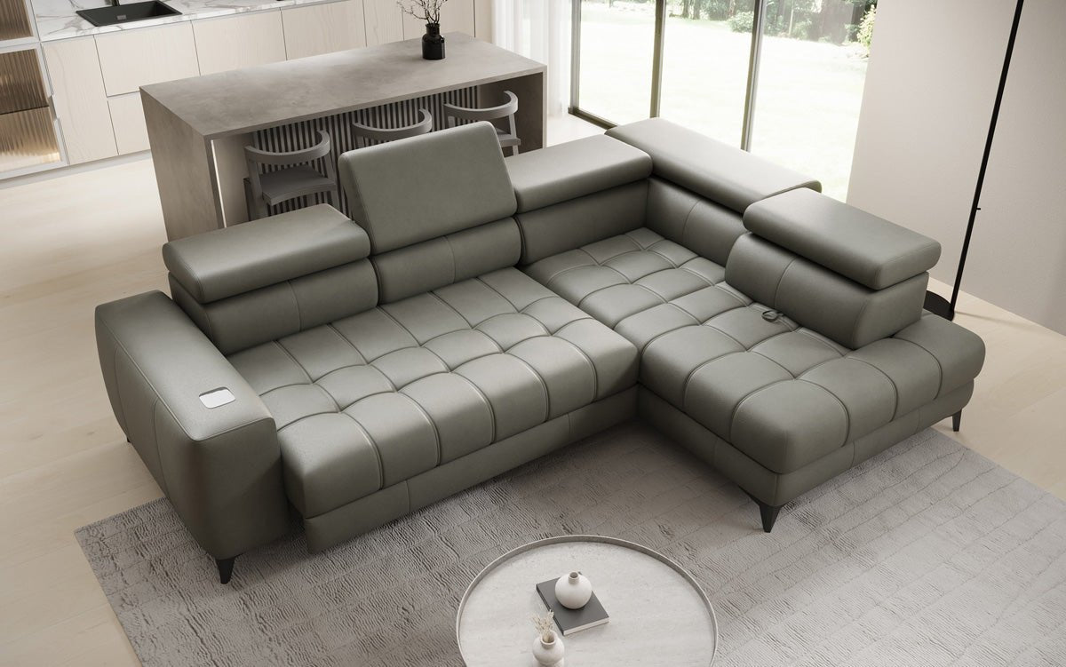 Designer L Sofa Seluna med elektrisk sovefunktion, induktion og opbevaring i ægte læder