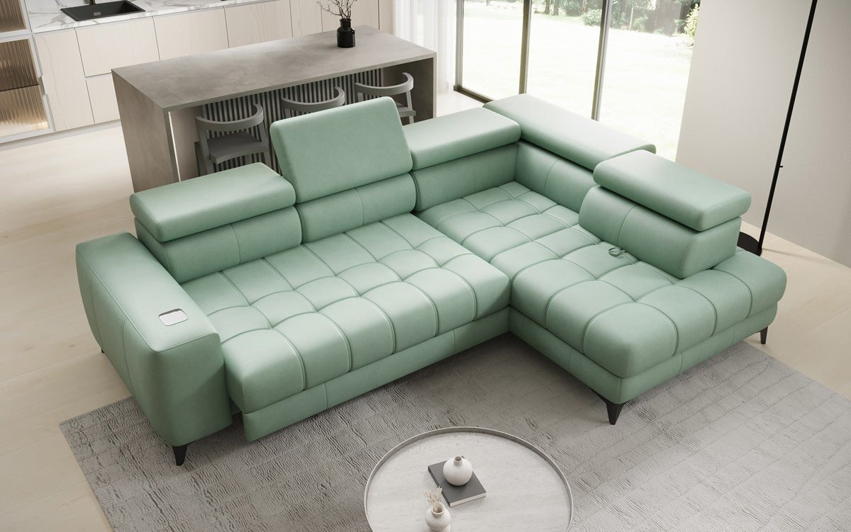 Designer L Sofa Seluna med elektrisk sovefunktion, induktion og opbevaring i ægte læder