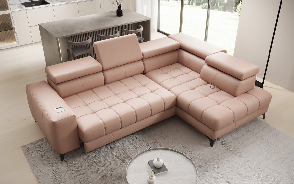 Designer L Sofa Seluna med elektrisk sovefunktion, induktion og opbevaring i ægte læder