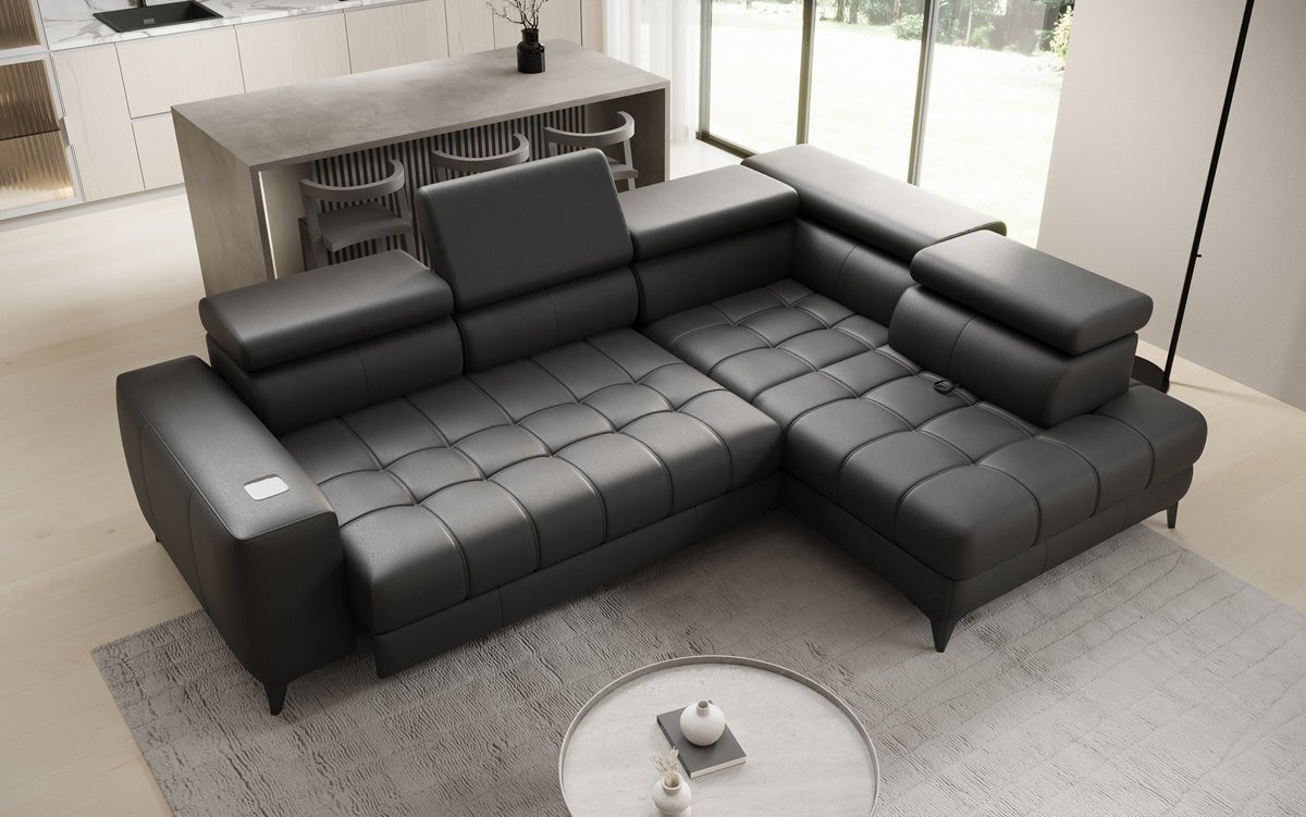 Designer L Sofa Seluna med elektrisk sovefunktion, induktion og opbevaring i ægte læder