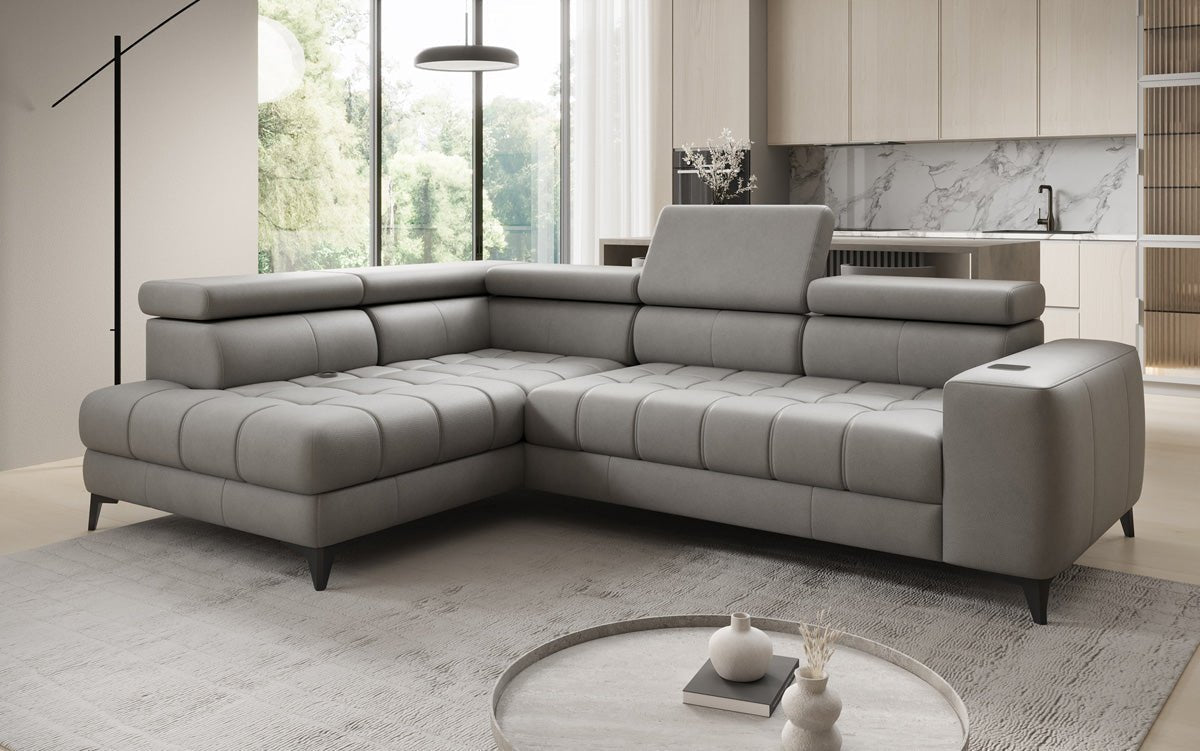Designer L Sofa Seluna med elektrisk sovefunktion, induktion og opbevaring i ægte læder
