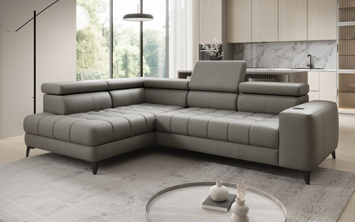 Designer L Sofa Seluna med elektrisk sovefunktion, induktion og opbevaring i ægte læder