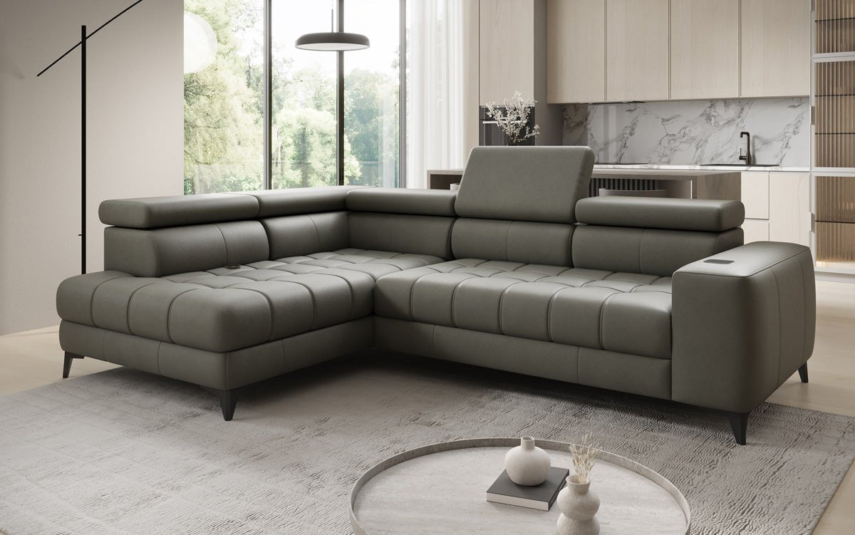 Designer L Sofa Seluna med elektrisk sovefunktion, induktion og opbevaring i ægte læder