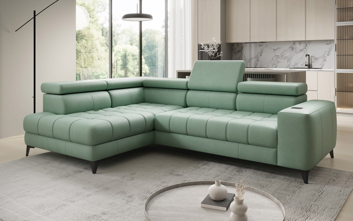 Designer L Sofa Seluna med elektrisk sovefunktion, induktion og opbevaring i ægte læder