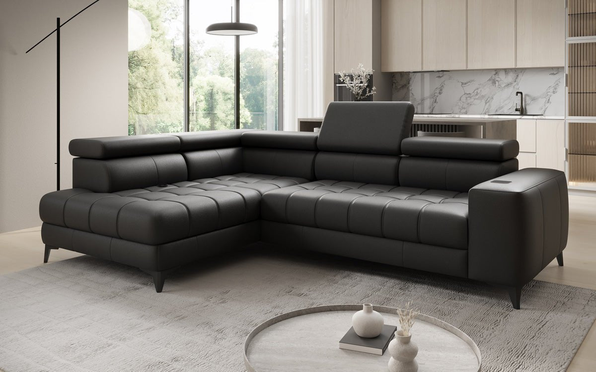 Designer L Sofa Seluna med elektrisk sovefunktion, induktion og opbevaring i ægte læder