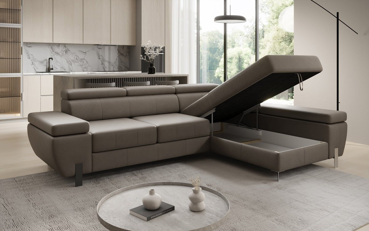Designer L-sofa Calista med sovefunktion og opbevaringsplads i ægte læder