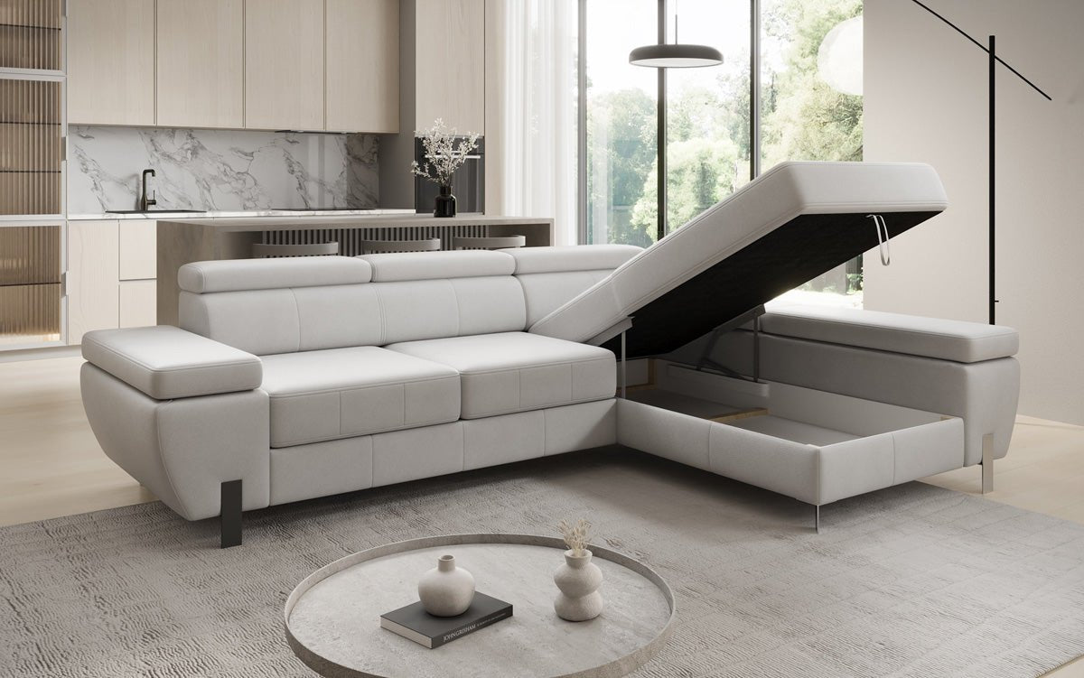 Designer L-sofa Calista med sovefunktion og opbevaringsplads i ægte læder