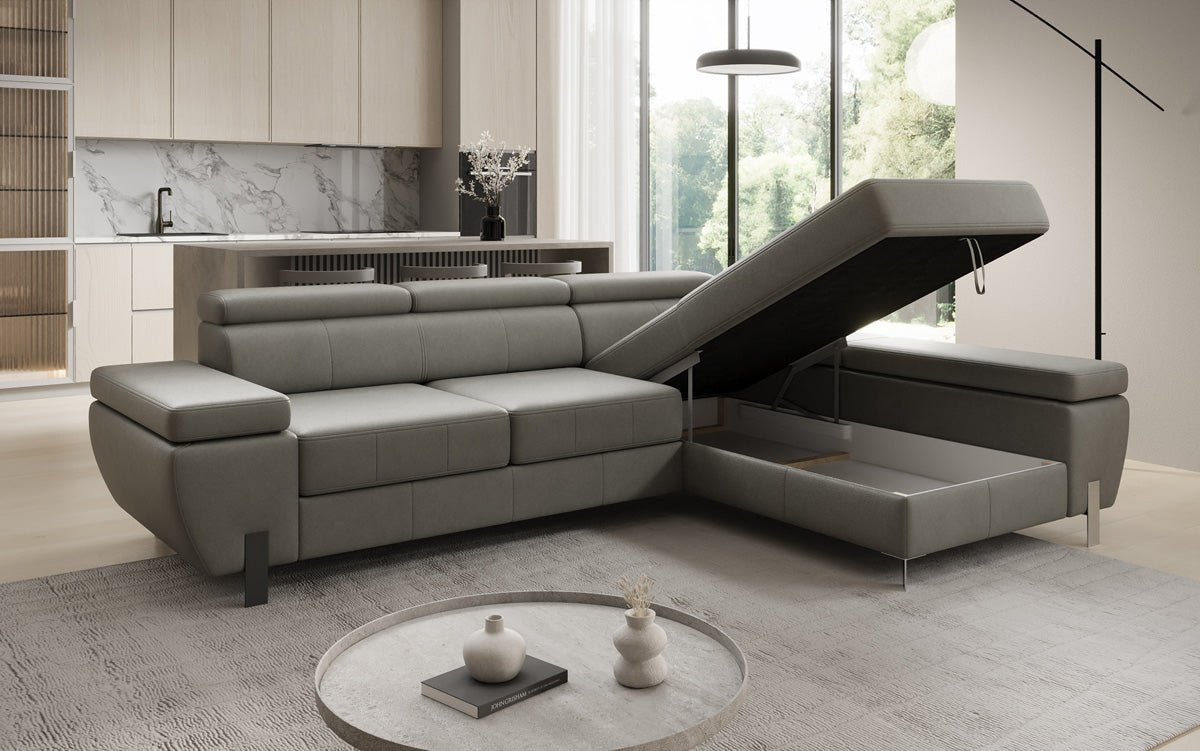 Designer L-sofa Calista med sovefunktion og opbevaringsplads i ægte læder