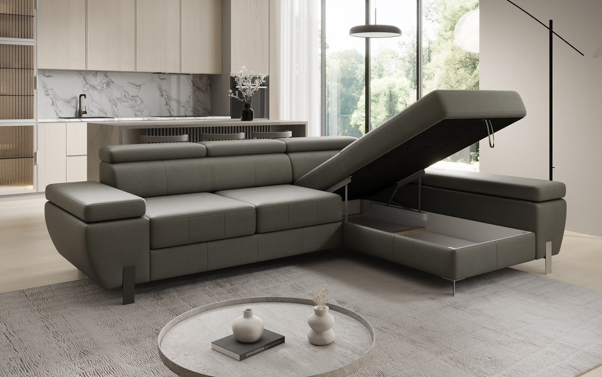 Designer L-sofa Calista med sovefunktion og opbevaringsplads i ægte læder