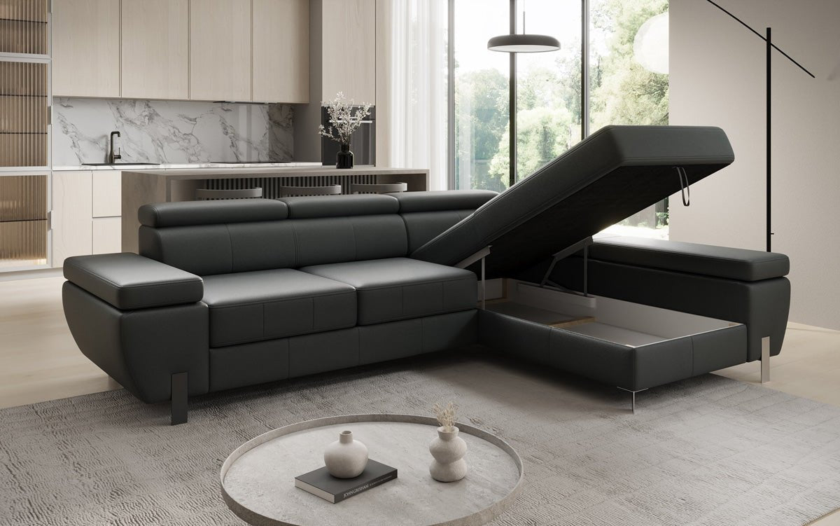 Designer L-sofa Calista med sovefunktion og opbevaringsplads i ægte læder