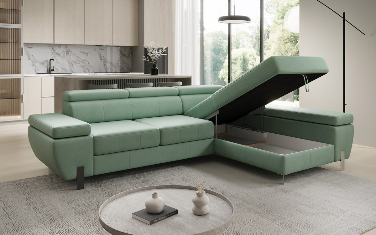 Designer L-sofa Calista med sovefunktion og opbevaringsplads i ægte læder