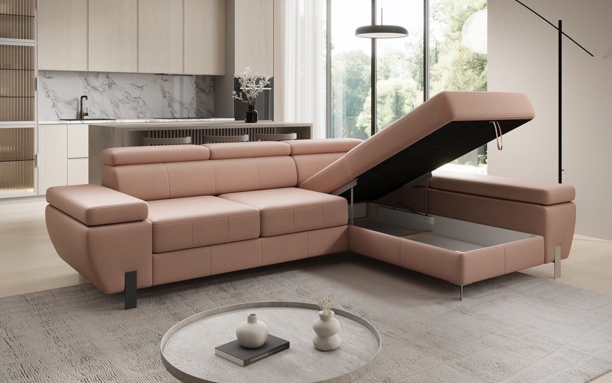 Designer L-sofa Calista med sovefunktion og opbevaringsplads i ægte læder