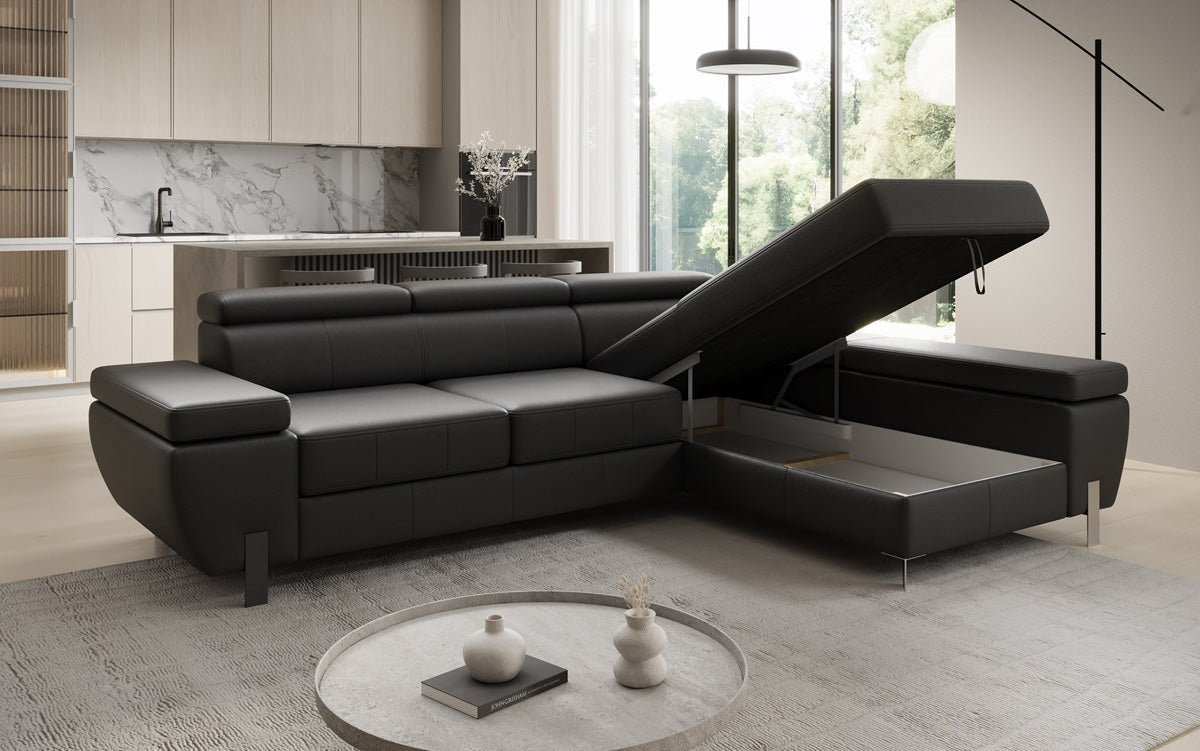 Designer L-sofa Calista med sovefunktion og opbevaringsplads i ægte læder
