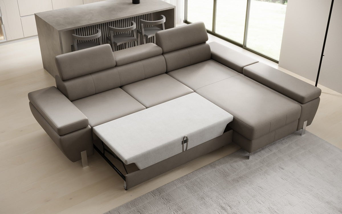 Designer L-sofa Calista med sovefunktion og opbevaringsplads i ægte læder