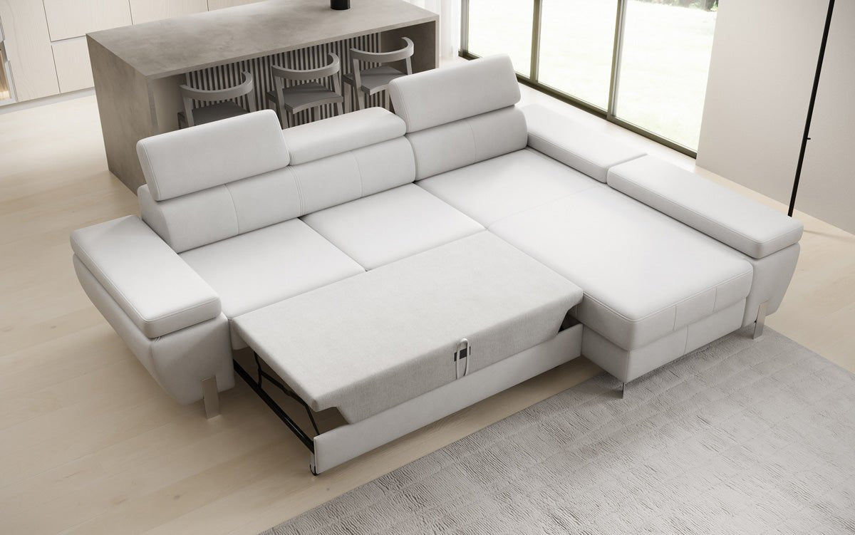 Designer L-sofa Calista med sovefunktion og opbevaringsplads i ægte læder
