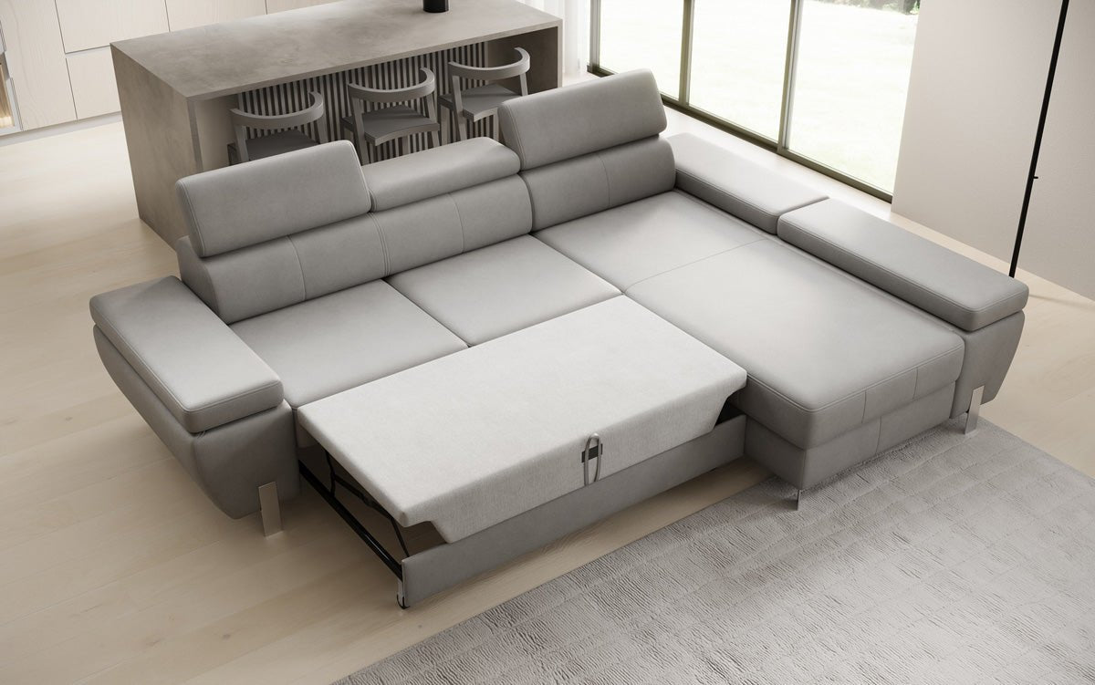 Designer L-sofa Calista med sovefunktion og opbevaringsplads i ægte læder