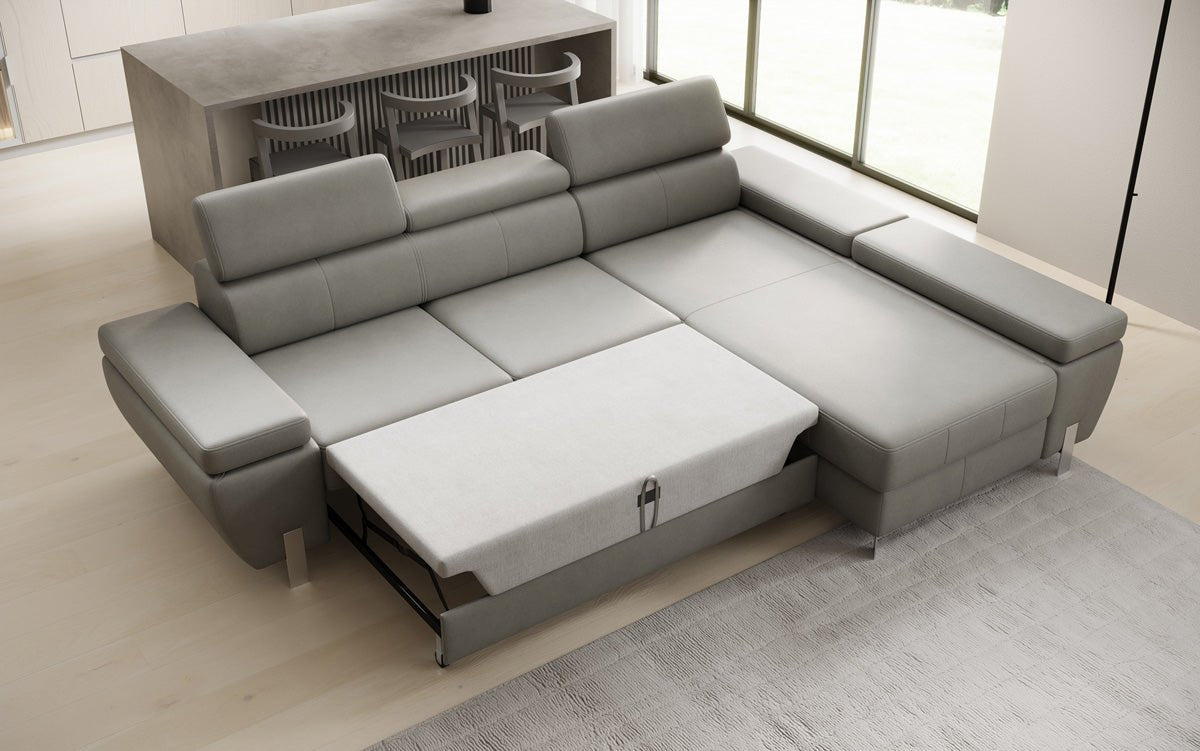 Designer L-sofa Calista med sovefunktion og opbevaringsplads i ægte læder