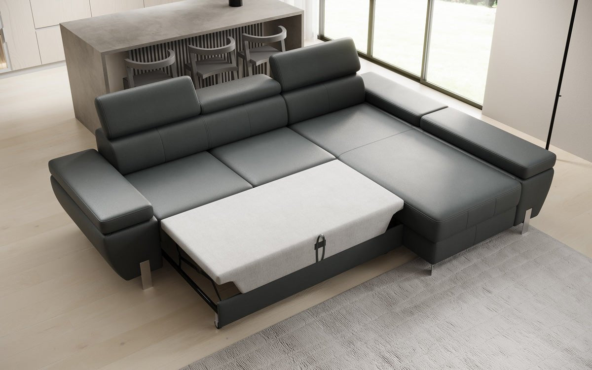 Designer L-sofa Calista med sovefunktion og opbevaringsplads i ægte læder