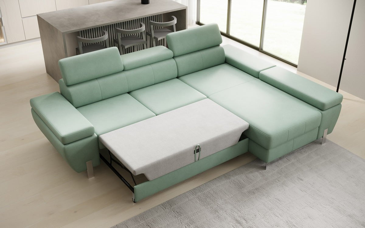 Designer L-sofa Calista med sovefunktion og opbevaringsplads i ægte læder