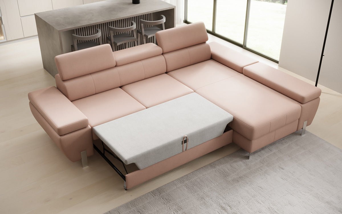 Designer L-sofa Calista med sovefunktion og opbevaringsplads i ægte læder