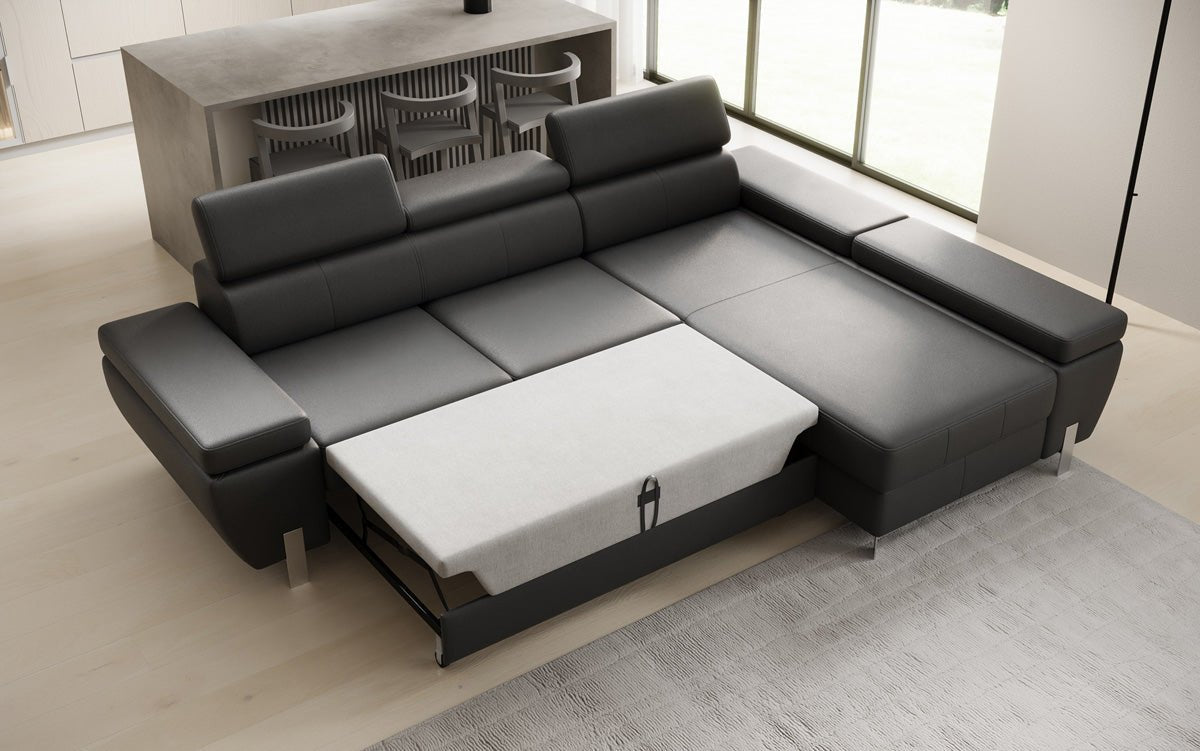 Designer L-sofa Calista med sovefunktion og opbevaringsplads i ægte læder