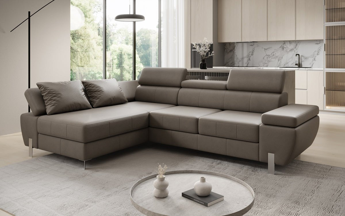 Designer L-sofa Calista med sovefunktion og opbevaringsplads i ægte læder