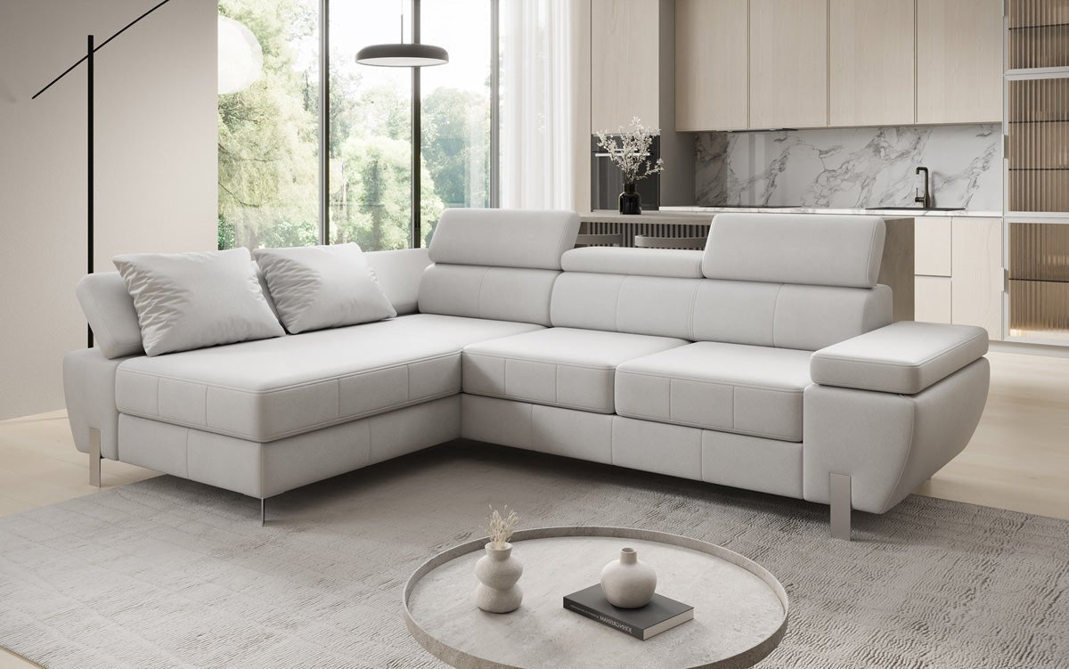 Designer L-sofa Calista med sovefunktion og opbevaringsplads i ægte læder