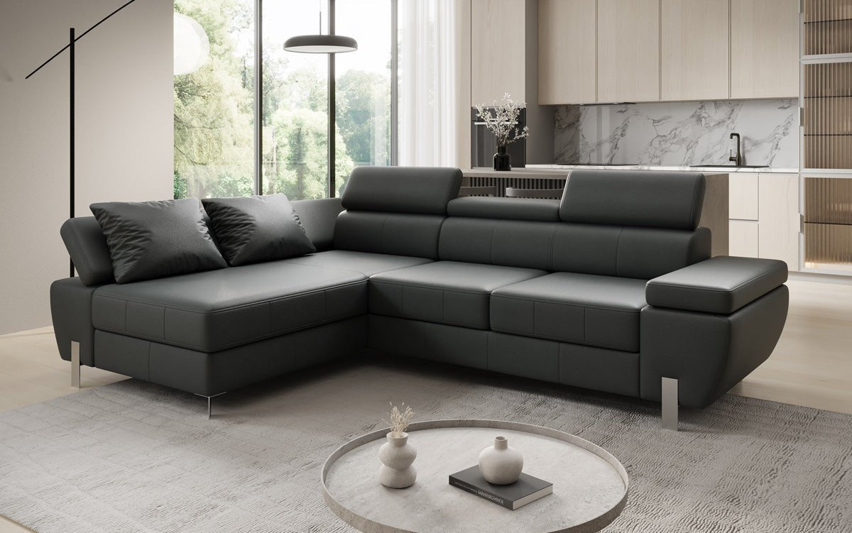 Designer L-sofa Calista med sovefunktion og opbevaringsplads i ægte læder