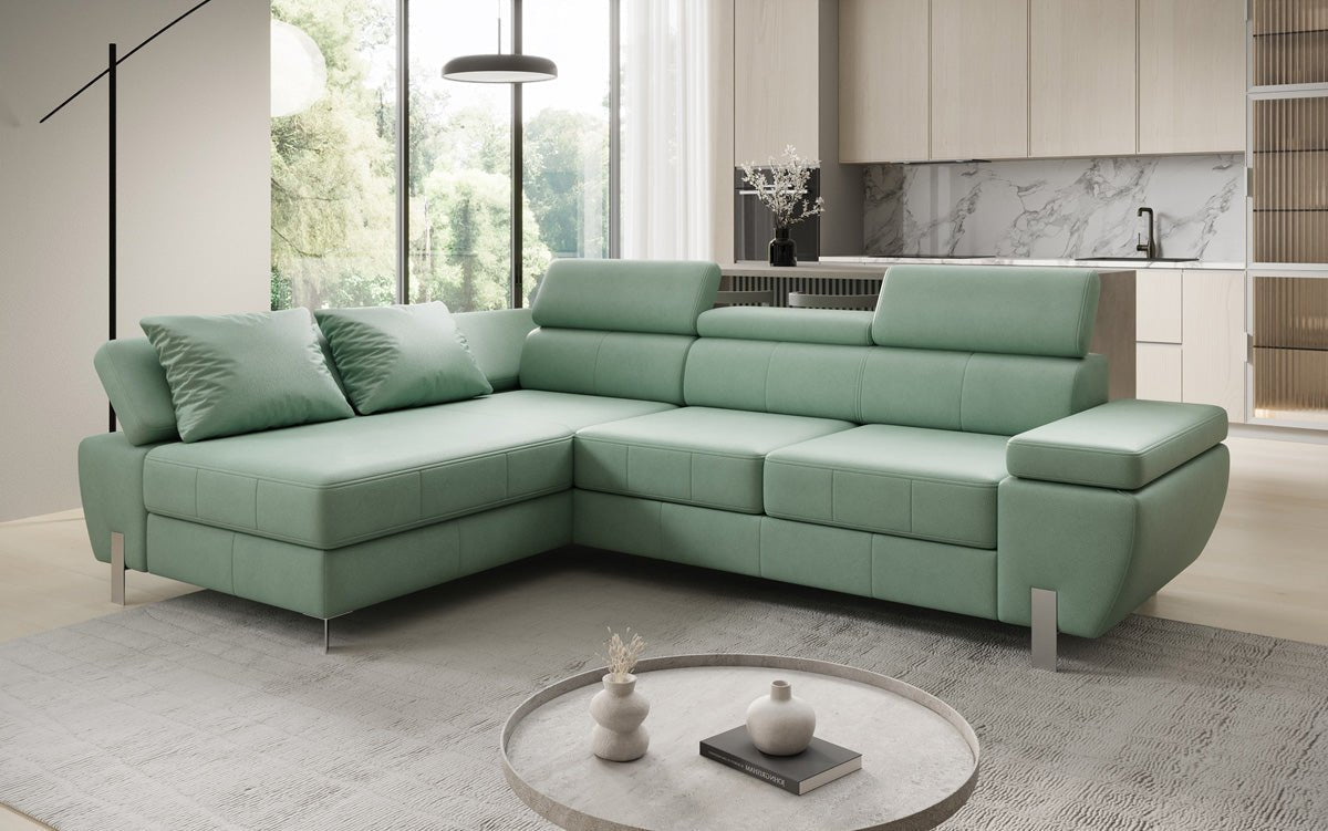 Designer L-sofa Calista med sovefunktion og opbevaringsplads i ægte læder