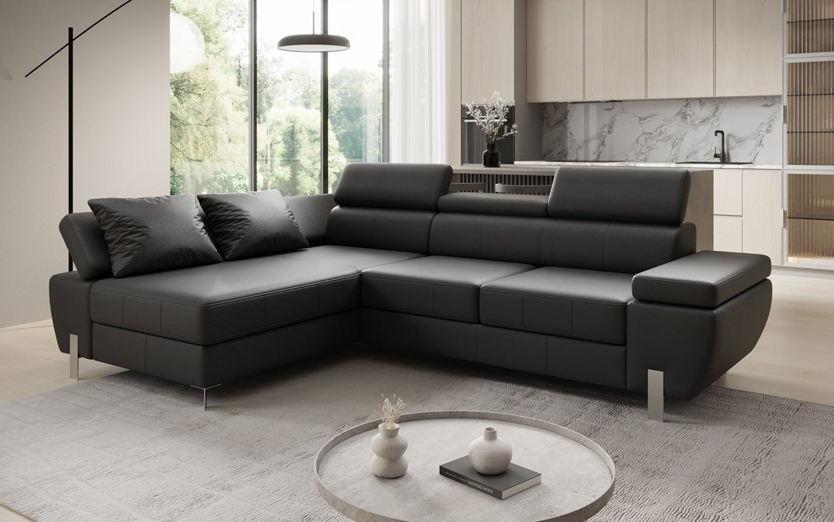 Designer L-sofa Calista med sovefunktion og opbevaringsplads i ægte læder