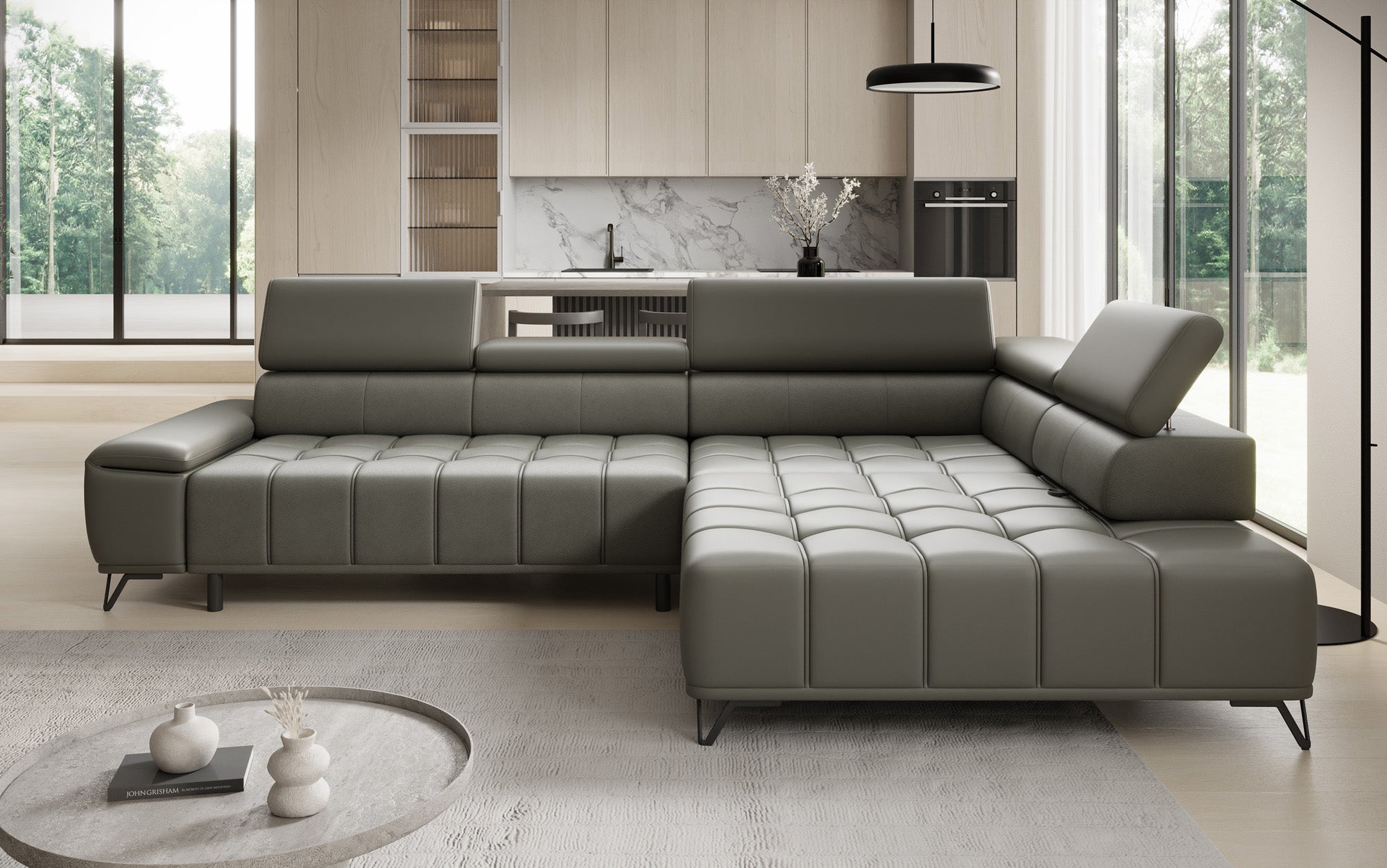 Designer L Sofa Selora med elektrisk sovefunktion og justerbar rygstøtte i ægte læder
