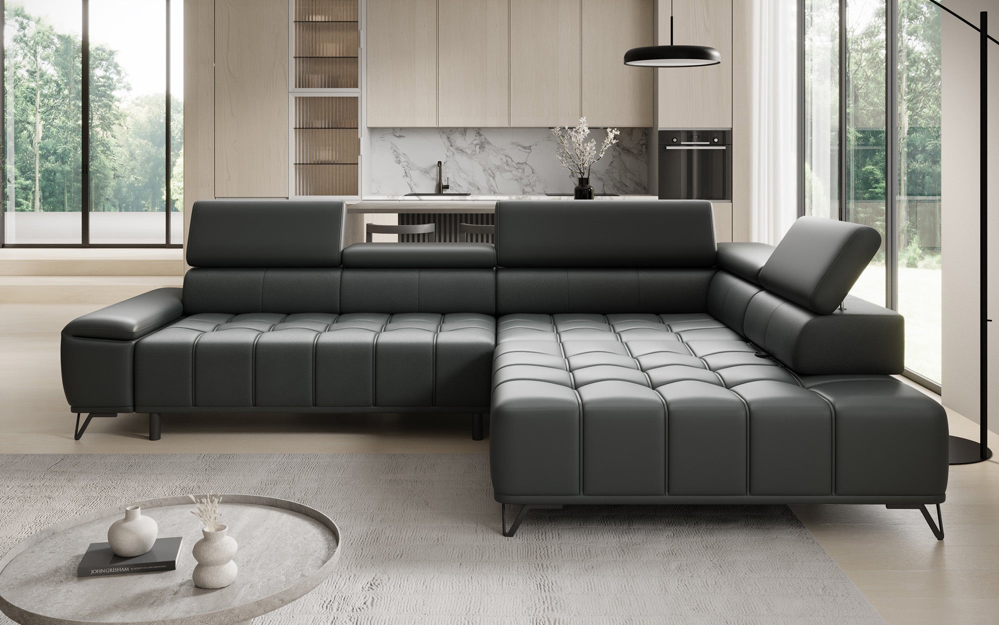 Designer L Sofa Selora med elektrisk sovefunktion og justerbar rygstøtte i ægte læder