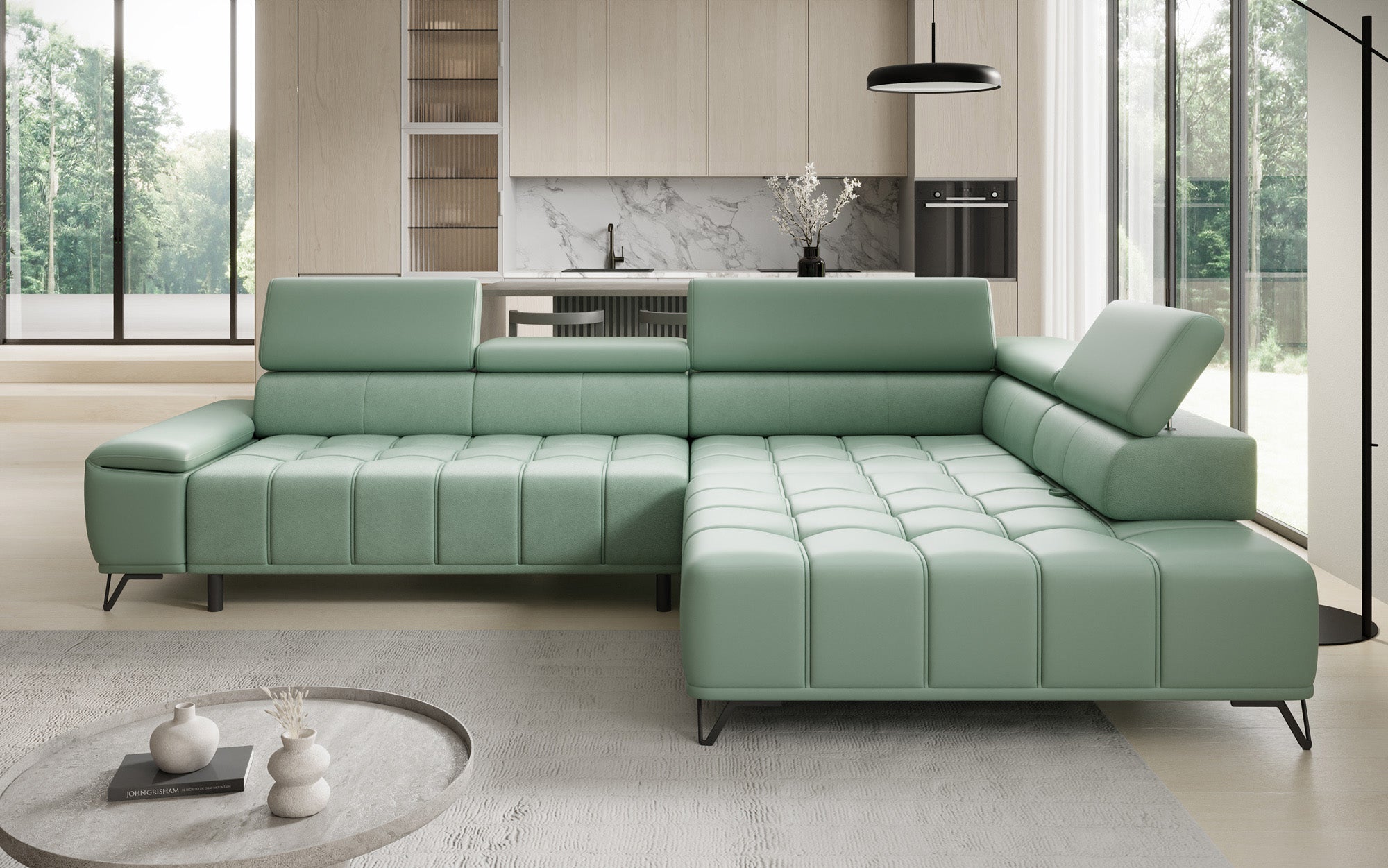 Designer L Sofa Selora med elektrisk sovefunktion og justerbar rygstøtte i ægte læder