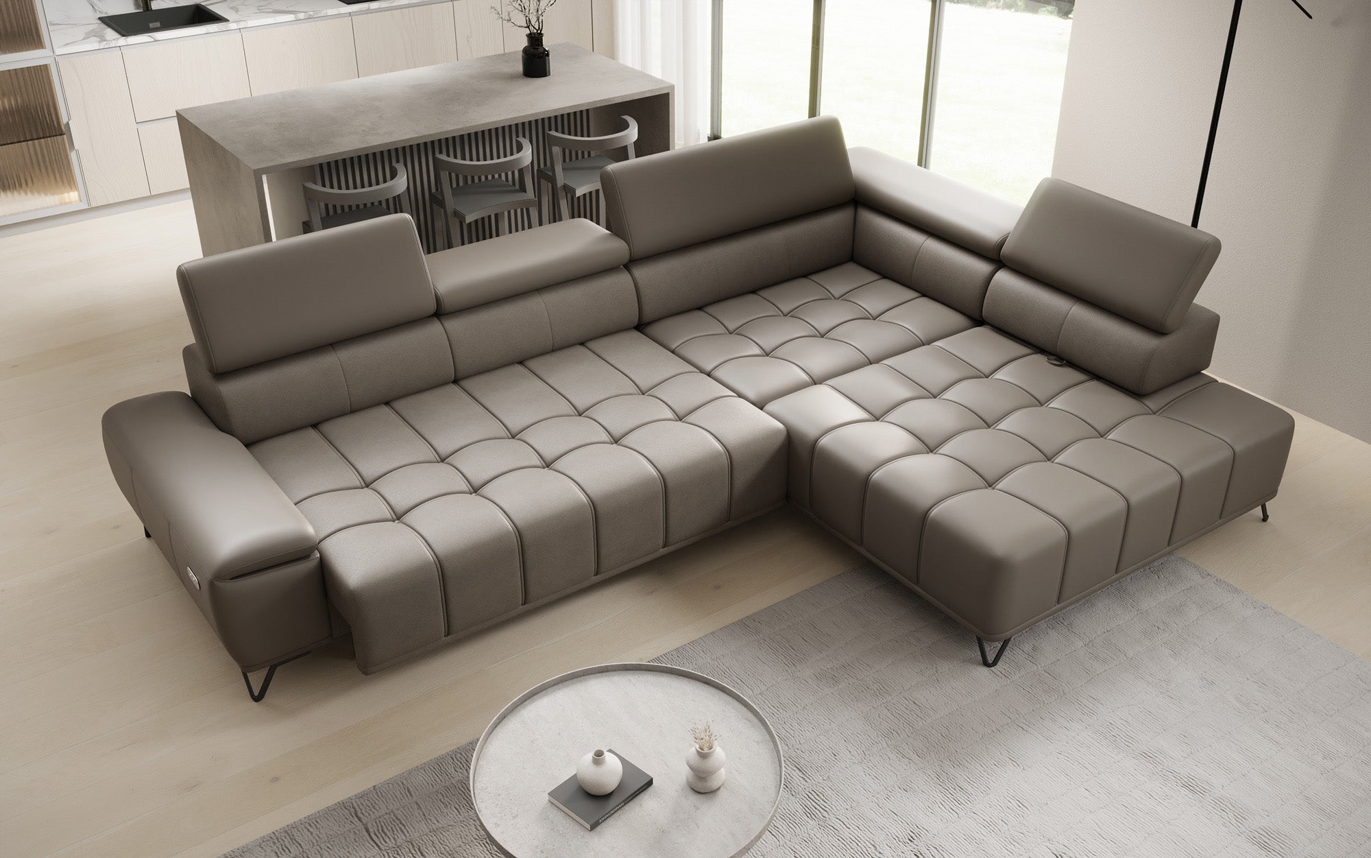 Designer L Sofa Selora med elektrisk sovefunktion og justerbar rygstøtte i ægte læder
